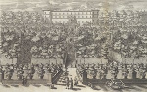 Utsikt over palasset fra hagetasjen med fontenene ..., 1691 eller senere. av Giovanni Francesco Venturini