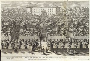 Utsikt over palasset fra hagetasjen med sine fontener, fra puben La Fontane. ca 1691 av Giovanni Francesco Venturini