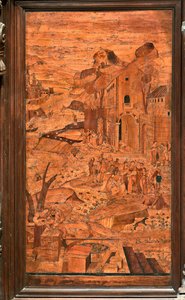 Genova, Duomo (St. Lawrence-katedralen), inne, apsis, kor, nordsiden: "Moses reddet fra vannet", tre intarsia av Giovanni Francesco Zambelli (XVI århundre) av Giovanni Francesco Zambelli