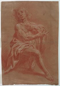 Tegning, knelende mann, til en tilbedelse av hyrdene, 1601–1650 av Giovanni Giacomo Barbelli