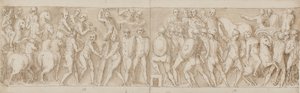 Slutt på en marsj av keiseren med hans legionærer og vakter (slutten av XCIII); romerne bygger en leir (begynnelsen av XCIV); romerne på marsj med keiseren (XXXV / XXXVI) av Giovanni Guerra