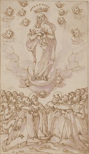 Madonna og barn på en halvmåne som viser seg for en gruppe helgener, prester og lekmenn av Giovanni Guerra