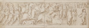 romerske bueskyttere(?), romersk overfall (XCIX); Marcus Aurelius henvender seg til vaktene sine (C); Marcus Aurelius mottar en advarsel (CI) av Giovanni Guerra