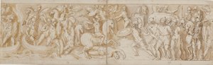Romerske soldater krysser en elv i båter (stort sett restaurering; XXXIV)2; en kjempende romersk soldat (fra slutten av XXIV); Romerske vakter som bringer barbariske fanger for keiseren (utelatt på tegningen; slutten av XXV); begynnelsen av en marsj (begyn