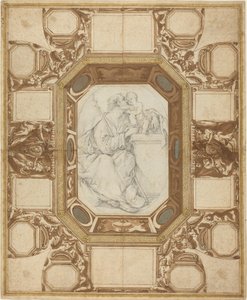 Tak med allegoriske figurer og våpen til pave Sixtus V (Guerras ytre tegning); Saint Joseph and the Christ Child (Vianis sentrale tegning) av Giovanni Guerra and Domenico Maria Viani