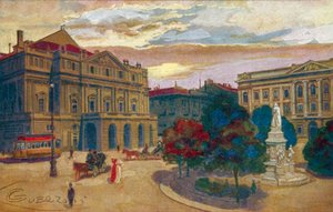 Milan / Milan: Piazza og Teatro della Scala (litho-farge)