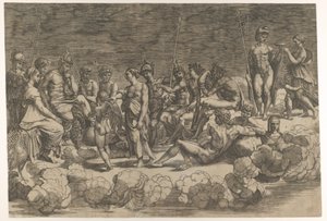Forsamling av gudene etter takkomposisjonen i Loggia di Psiche, Villa Farnesina..., 1527. av Giovanni Jacopo Caraglio