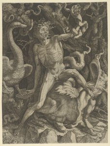 Fury personifisert som en gammel mann som rir på et monster, med en hodeskalle i venstre hånd, ca. 1520-39.