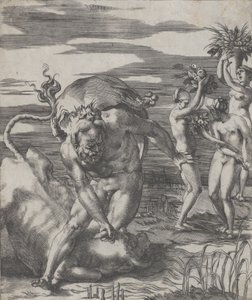 Hercules beseiret elveguden Achelous i form av en okse, med tre kvinner t..., ca. 1526-27.