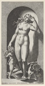 Plate 10: Venus i en nisje, stående på et konkylie, med Amor til høyre, fra en ser..., 1526. av Giovanni Jacopo Caraglio