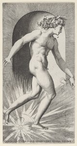 Plate 11: Apollo kjører vognen sin i en nisje, vendt mot høyre, fra en serie mythologica..., 1526. av Giovanni Jacopo Caraglio