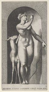 Plate 12: Diana står i en nisje, vrir seg til venstre og trekker en pil ut av en qu..., 1526. av Giovanni Jacopo Caraglio
