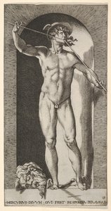 Plate 14: Mercury står i en nisje og spiller sine piper, med det avkuttede hodet til en gammel m..., 1526. av Giovanni Jacopo Caraglio
