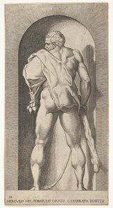 Plate 15: Hercules står i en nisje, iført løveskinn og holder en kølle, sett fra..., 1526.