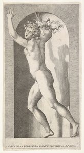 Plate 16: Hebe i en nisje med hendene i været, løper til venstre mens hun ser til ..., 1526. av Giovanni Jacopo Caraglio