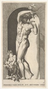 Tallerken 17: Bacchus står i en nisje og holder druer over en tallerken, ledsaget av en infa..., 1526. av Giovanni Jacopo Caraglio