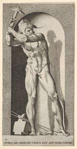 Plate 19: Vulcan står i en nisje og svinger en hammer, med en ambolt, hammer og tang a..., 1526. av Giovanni Jacopo Caraglio