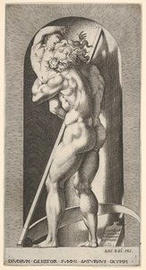 Plate 1: Saturn i en nisje som sluker sønnen sin, stående foran en ljå, fra en serie av m..., 1526. av Giovanni Jacopo Caraglio