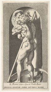 Plate 1: Saturn i en nisje som sluker sønnen sin, stående foran en ljå, fra en serie av m..., 1526. av Giovanni Jacopo Caraglio