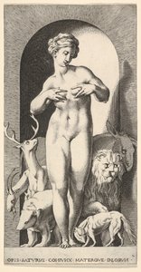 Plate 2: Ops står i en nisje med hendene mot brystene, ser til venstre, med ..., 1526. av Giovanni Jacopo Caraglio