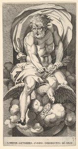 Plate 3: Jupiter dukker opp fra en nisje, rir på en ørn og holder en tordenbolt i l..., 1526.