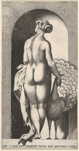 Plate 4: Juno står i en nisje, sett bakfra, og stryker en påfugl til høyre for henne, fr..., 1526.