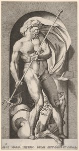 Plate 5: Neptun står i en nisje og holder en trefork, med en hippocampus sjøhest beh..., 1526.
