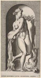 Plate 6: Thetis står i en nisje med et skjell og sjødyr, og heller vann ut av en ..., 1526. av Giovanni Jacopo Caraglio