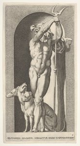 Plate 7: Pluto i en nisje, holder en bident, med Cerberus ved siden av seg, fra en serie av m..., 1526. av Giovanni Jacopo Caraglio