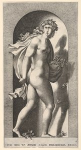 Plate 8: Prosperpina, stående i en nisje, snur seg til høyre mens han holder mantelen i bo..., 1526. av Giovanni Jacopo Caraglio