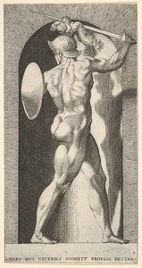 Plate 9: Mars i en nisje, med et sverd over hodet med høyre arm, og et skjold ..., 1526. av Giovanni Jacopo Caraglio