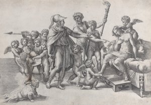 Ekteskapet til Alexander og Roxana, Alexander omgitt av putti, tilbyr en krone t..., 1520-39. av Giovanni Jacopo Caraglio
