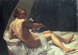 Ung mann som ligger på en seng med en katt, 1620