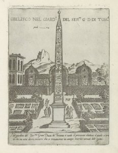 Egyptisk obelisk i hagen til Villa Medici i Roma Obelisco nel giard.o del ser.mo G. D. Di Tosc.a (tittel på objekt) Moderne og gamle monumenter og bygninger i Roma (serietittel) Ornamenti di fabriche antichi et moderni dell