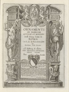 Titteltrykk med allegoriske figurer og putti Moderne og gamle monumenter og bygninger i Roma (serietittel) Ornamenti di fabriche antichi et moderni dell