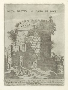 Tombe van Caecilia Metella te Roma Meta sa i spissen for okse (tittel på objekt) Moderne og antikke monumenter og byggverk i Roma (serietittel) Ornamenter av eldgamle og moderne bygninger i Alma-byen Roma (serietittel) av Giovanni Maggi