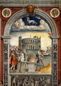 Stjernetegn: “” The belier””” På toppen medaljonger med portretter av Jules Cesar og Augustus. Nedenfor, legende assosiert med fødselen av stjernebildet som tilsvarer tegnet: Caius Mucius Scaevola, introdusert i fiendens leir til etruskisk ki