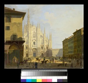 Utsikt over Piazza Duomo i Milano, 1819-28 av Giovanni Migliara