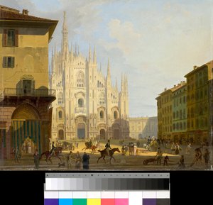 Utsikt over Piazza Duomo i Milano, Italia (Katedralplassen i Milano) Maleri av Giovanni Migliara (1785-1837) 1828 Privat samling