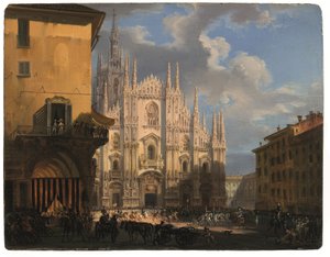 Utsikt over Piazza Duomo med dekket dei Figini og Isolate del Rebecchino, Milano (olje på panel)