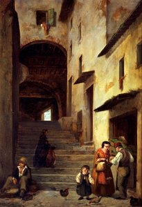 Utsikt over en gate i Sestri Levante, Riviera of Genova, ca 1863, av Giovanni Mochi (1829-1893), olje på lerret, 40x30 cm.