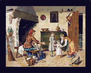 Billedplate som viser en interiørscene i hytte med mor, to unge jenter og et spedbarn som tar sine første skritt, Firenze, ca. 1900-10 (pietra dura) av Giovanni Montelatici