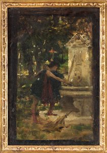Ved fontenen (olje om bord) av Giovanni Muzzioli