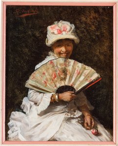 Dame med vifte (olje på lerret) av Giovanni Muzzioli