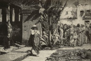 Magdalene, kvinne med turban og prosesjon i landsbyen i Midtøsten, gravering av brødrene Cantagalli fra maleri av Giovanni Muzzioli (1854-1894), Modena, Italia fra L