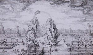 Fyrverkeri for å feire fødselen til Dauphin (sønn av Louis XV) gravert av Jean Dumont (Le Romain) (1701-81) 1730 (radering) av Giovanni Niccolo (after) Servandoni