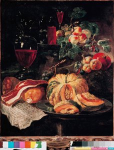 Stilleben Gresskar, bacon, skinke, fersken og vin. Maleri av Giovan Paolo Castelli dit Lo Spadino (1659-1730) 1703 Roma, Museum of the Conservatori capitolini av Giovanni Paolo Castelli