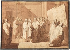 Fra Bartolommeo viser Raphael Leonardo og Michelangelos kartonger av Giovanni Paolo Lasinio