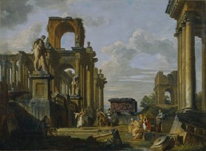 Arkitektonisk Capriccio fra Forum Romanum med filosofer og soldater blant gamle ruiner av Giovanni Paolo Pannini