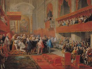 Presentasjon av Den hellige ånds orden til prins Vaini av Paul-Hippolyte de Beauvillers (1684-1776) hertug av Saint-Aignan i 1732, ca. 1752 av Giovanni Paolo Pannini